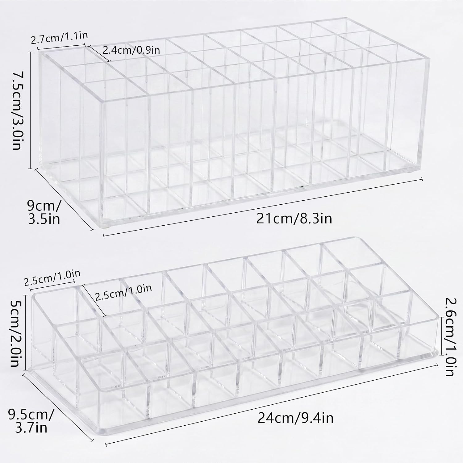 2Pcs Acrylic Lipstick Organizer Display Rack, 24 Slot Lipstick Holder & 24 Grid Lip Gloss Holder, Clear Lip Product Organizer for Drawer image 2