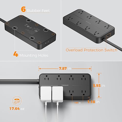Miniatura 7 de TESSAN - Protector de sobretensiones de 2000J, cable de extensión de 5 pies con múltiples tomas de corriente plana, 3 USB (1 USB C) y 8 salidas de