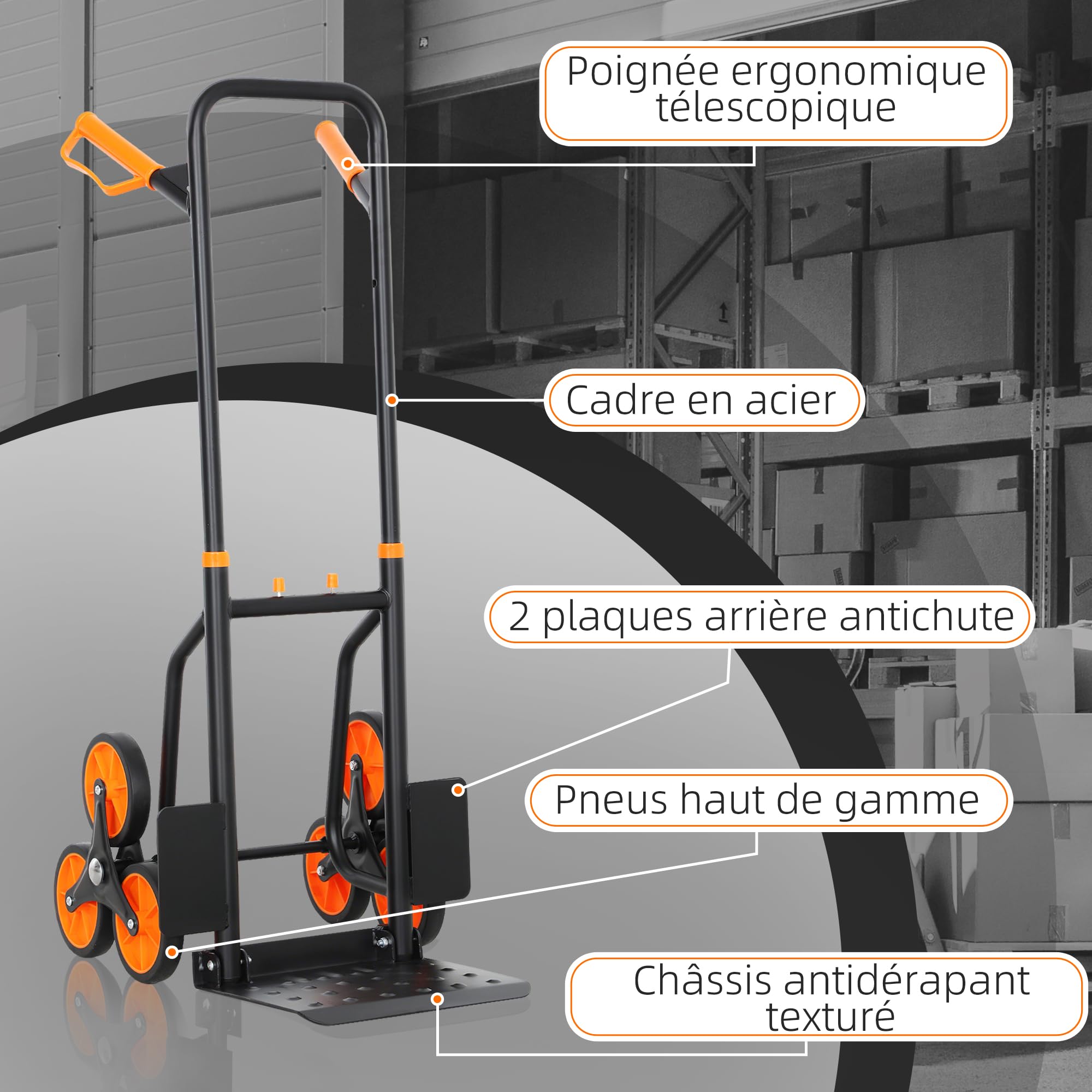 DURHAND Diable d'escalier Pliable 120 kg 6 Roues, Diable demenagement Robuste en Acier avec Cordes télescopiques, Chariot de Transport pour entrepôt, aéroport, Objets volumineux & Lourds, Orange