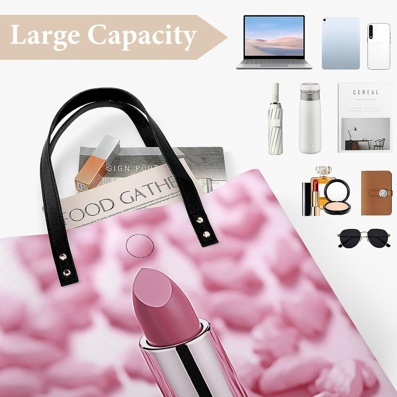 Pink Lipstick Pattern Tote Bag with Magnetic Buckle Reusable Grocery Bags Lightweight Cross Body Handbag for Daily Essentials