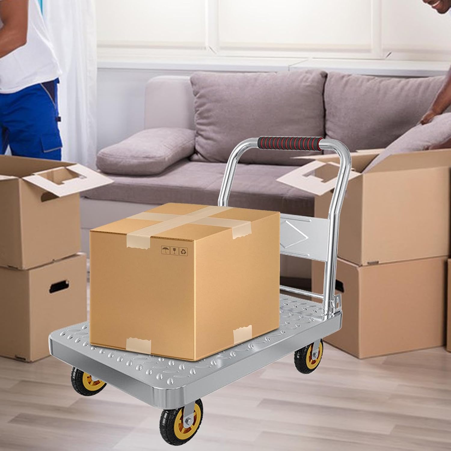 頑丈なフラット移動カートハンドトラック73x48x80cm多用途ホイール折りたたみハンドル工場倉庫用頑丈, ブラックラバーホイール 【ニトロ】