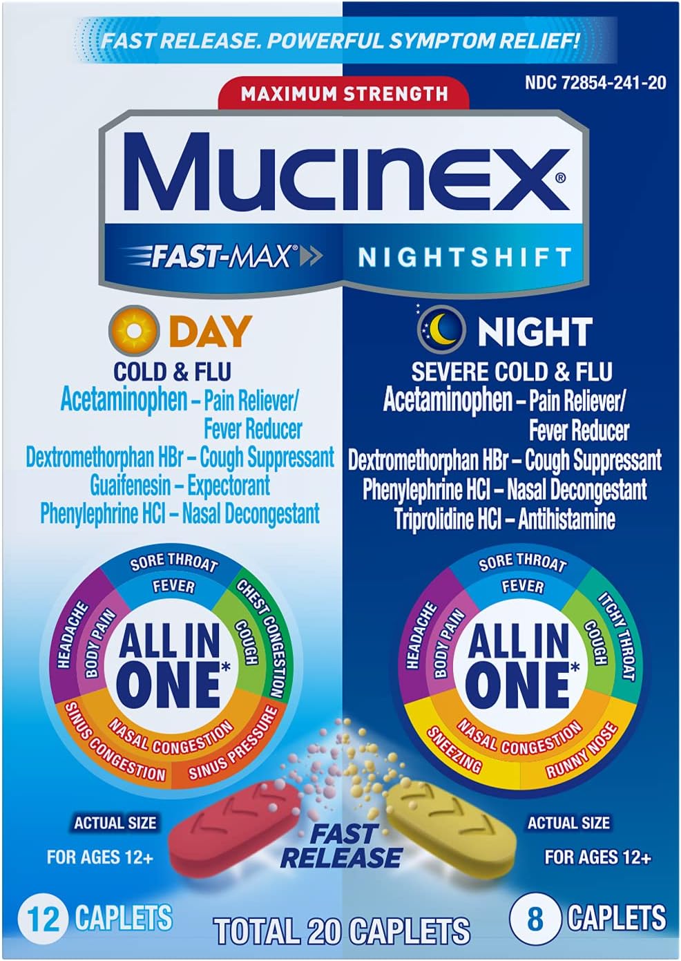 Maximum Strength Fast-Max Day Cold & Flu & Nightshift Night Severe Cold & Flu All in One, Fast Release, Powerful Multi-Symptom Relief, 20 caplets (12 Day time + 8 Night time)