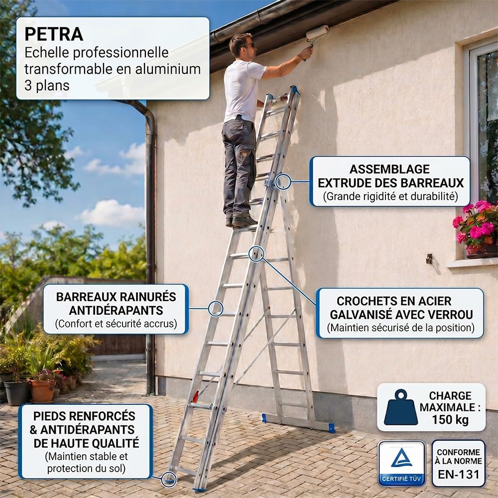 Petra Echelle Professionnelle Transformable en Aluminium 3 Plans 12 marches