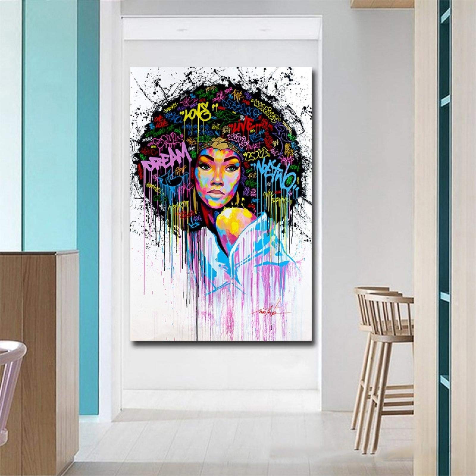 Póster abstracto Mujeres africanas Arte de la pared Imagen Pintura al óleo sobre lienzo Graffiti Street para sala de estar Dormitorio Cuadros 90x130cm (35.43x51.18in) Con marco