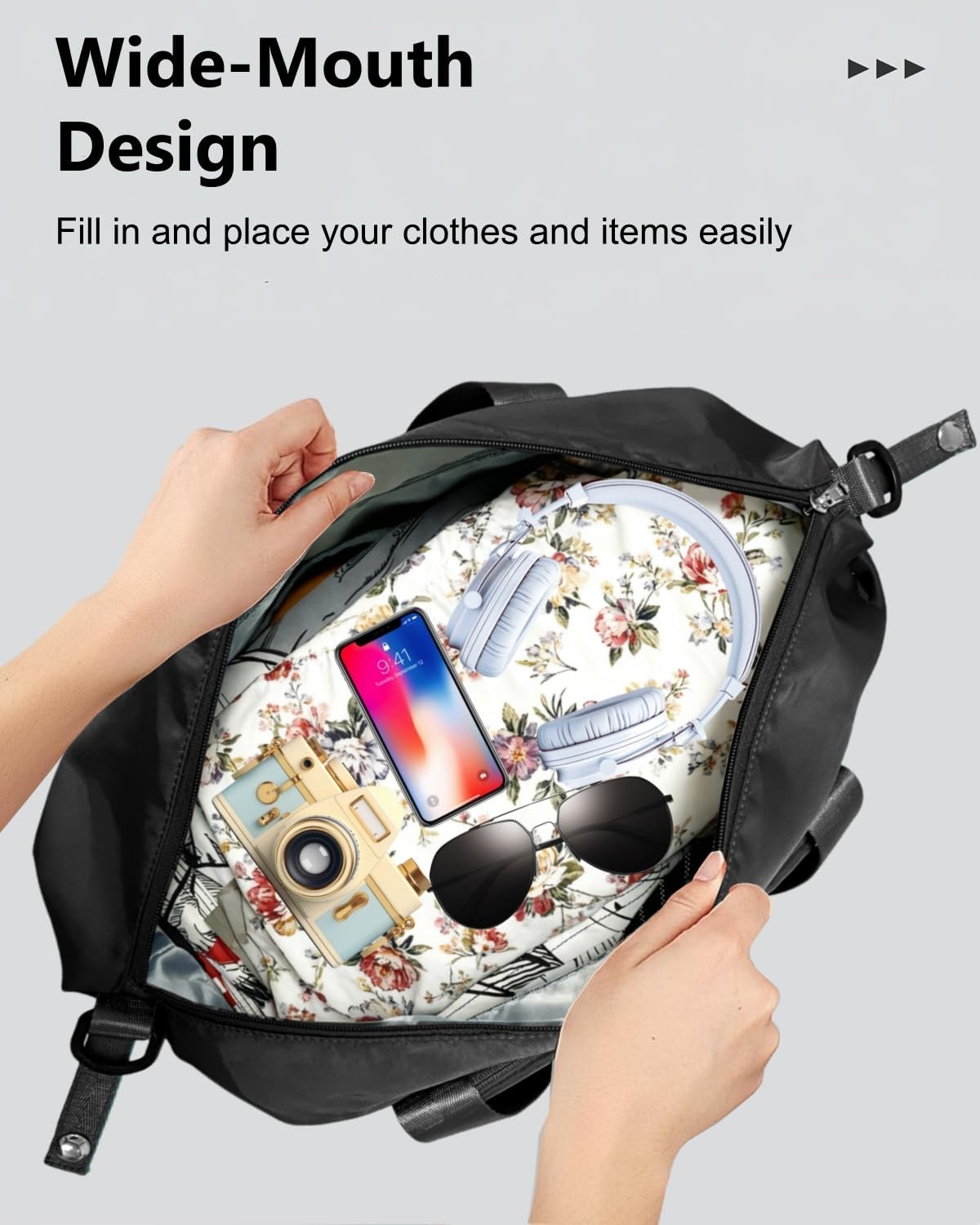 Foldable Travel Duffle Bag with Multiple Pockets, 40L Expandable Weekender Bag for Women, Overnight Carry On Gym Tote with Water Bottle Holder (Black) - Image 4