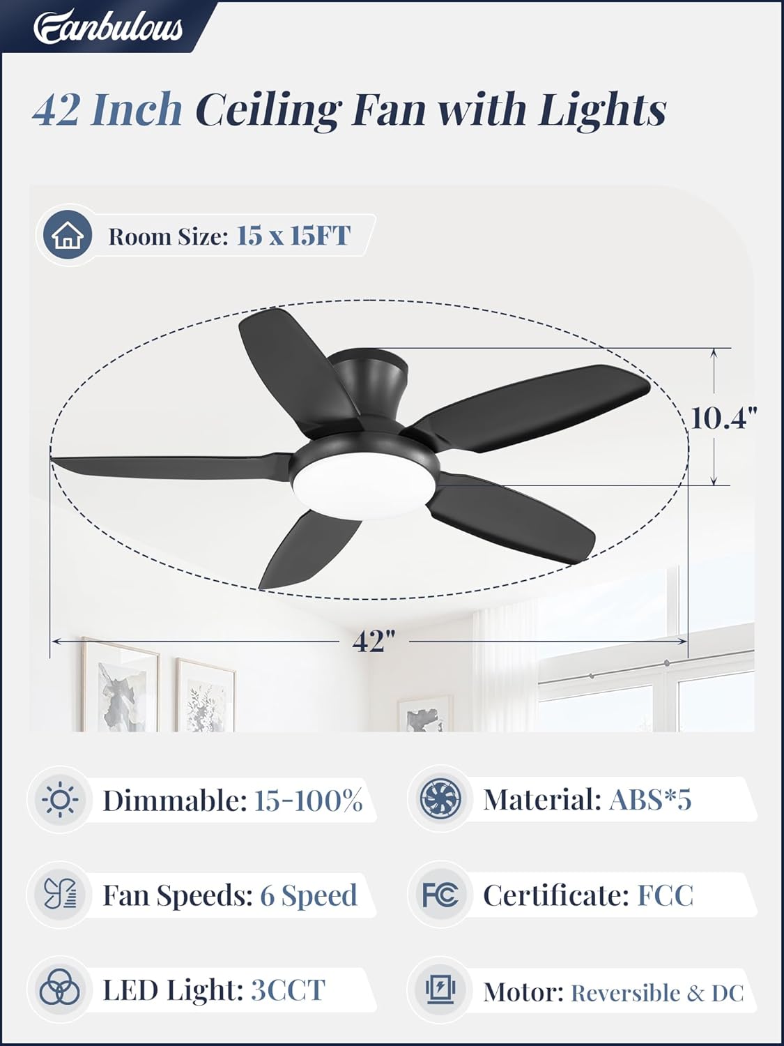 Fanbulous Ceiling Fans with Lights, 42 inch Low Profile Flush Mount Ceiling Fan with Remote/APP Control,Black Modern Ceiling Fan with LED Light for Bedroom Indoor Outdoor-LED Dimmable, 3CCT, 6 Speeds - Image 6
