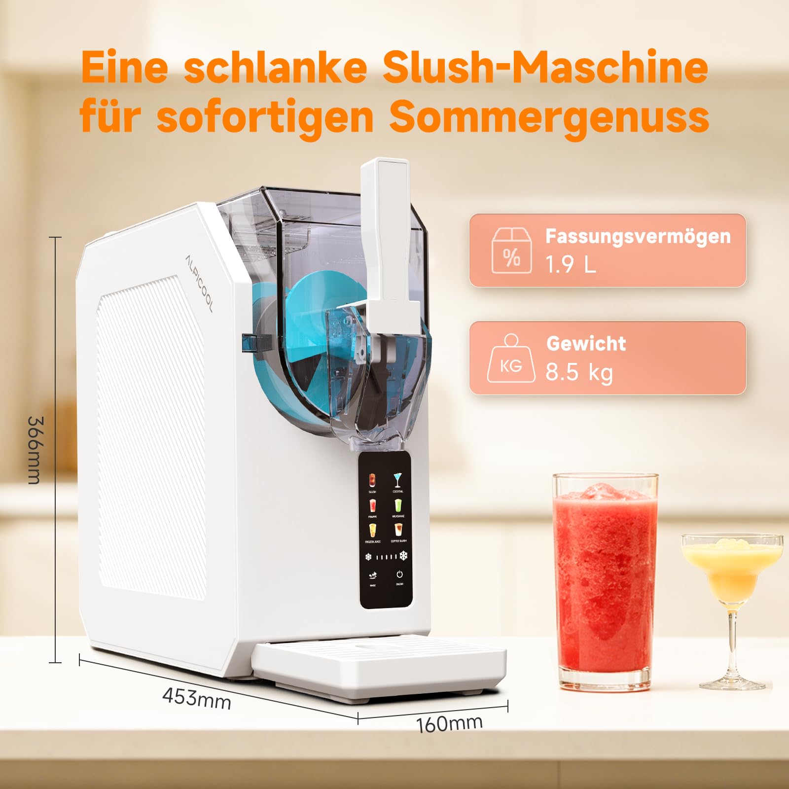 ALPICOOL Slush Maschine, 1.9L Slush Ice Maker für zu Hause, 6 Smarten Programma, für Slush, Eis-Cocktails, Frappés, Milchshakes, Turbo Freeze & Automatische Reinigung, kein Eis erforderlich, Weiß