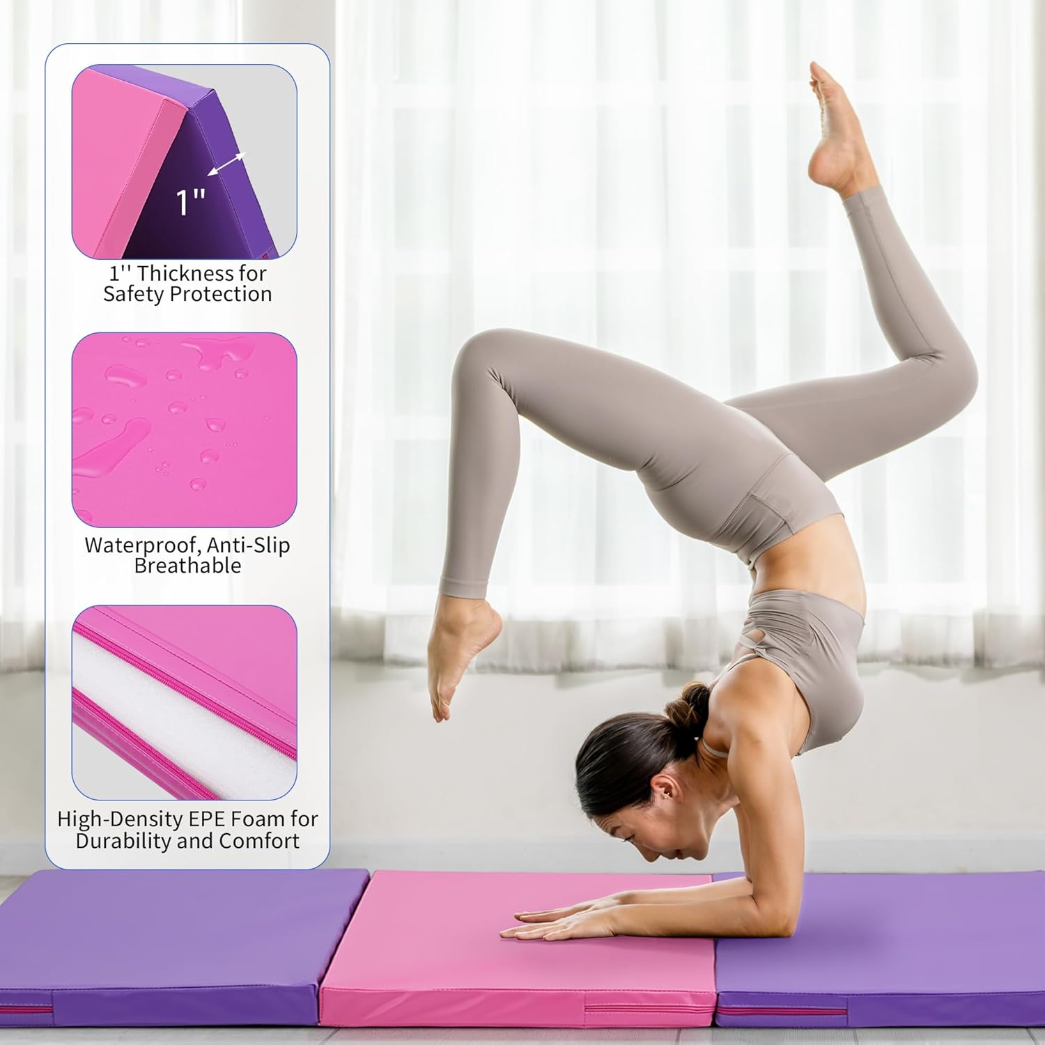Outdoor Basic 6'x3'x2'' Gymnastics Mats Portable 4-Fold Tumbling Mat Thick Yoga Mat with PU Leather & Carry Handle for Home Workout, Yoga, MMA Core Training, Pilates
