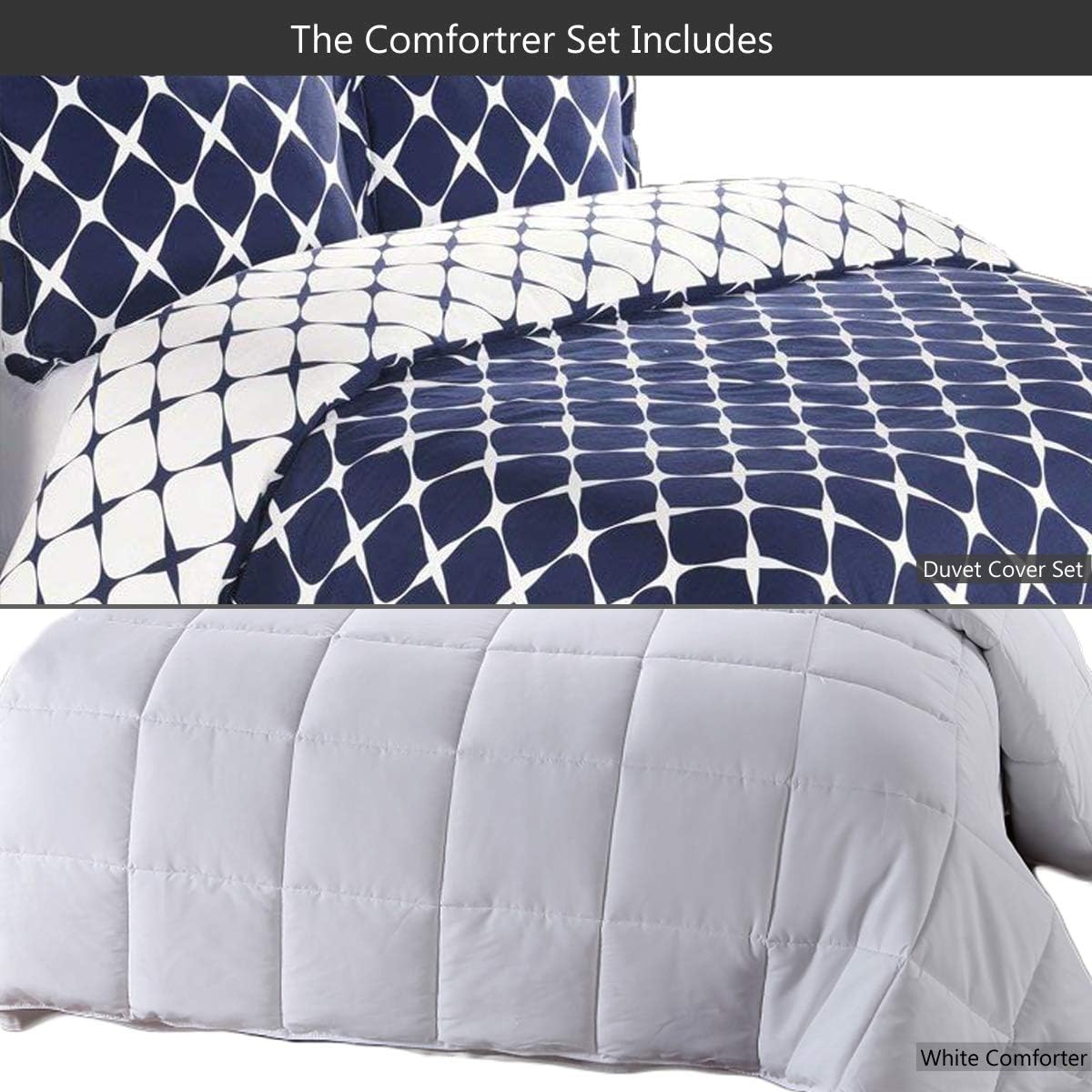 sheetsnthings 4PC Bloomingdale Navy and White King/California King Comforter Set Includes: 3PC Duvet Cover Set + 1PC White Down Alternative Comforter