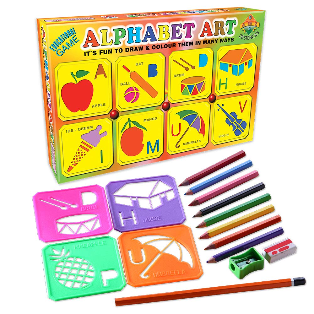 TOY FUN Plastic 28 Educational Stencils Alphabets A To Z and Numbers with Pencil Color, Age 3, Multicolour