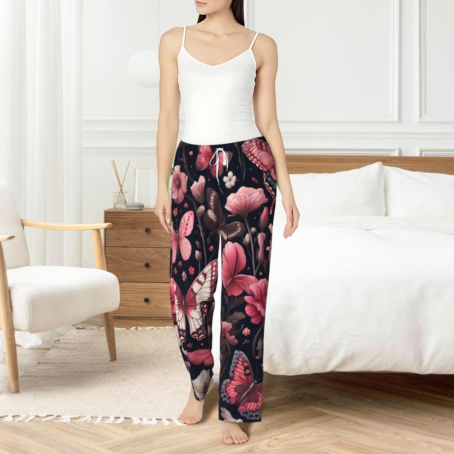 Women'S Dark-Floral-Flowers-Butterflies Fleece Pajama Pants, Cozy Flannel Lounge Bottoms For Women