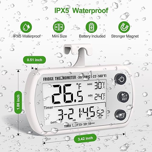 Miniatura 7 de Termómetro digital para refrigerador, paquete de 2, termómetro impermeable para refrigerador, termómetro congelador de pantalla grande de 2.25