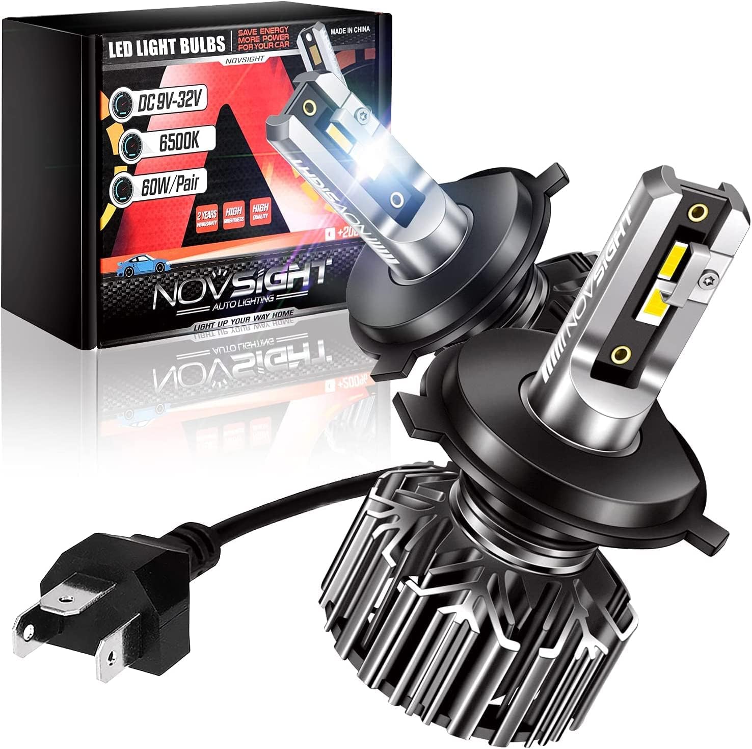 NOVSIGHT 9012/HIR2 LED Car Fog Light Bulbs, 13000 Lumen 300% Brighter Hi/lo Light Bulb, 60W 6500K Cool White, Halogen Replacement, Pack of 2