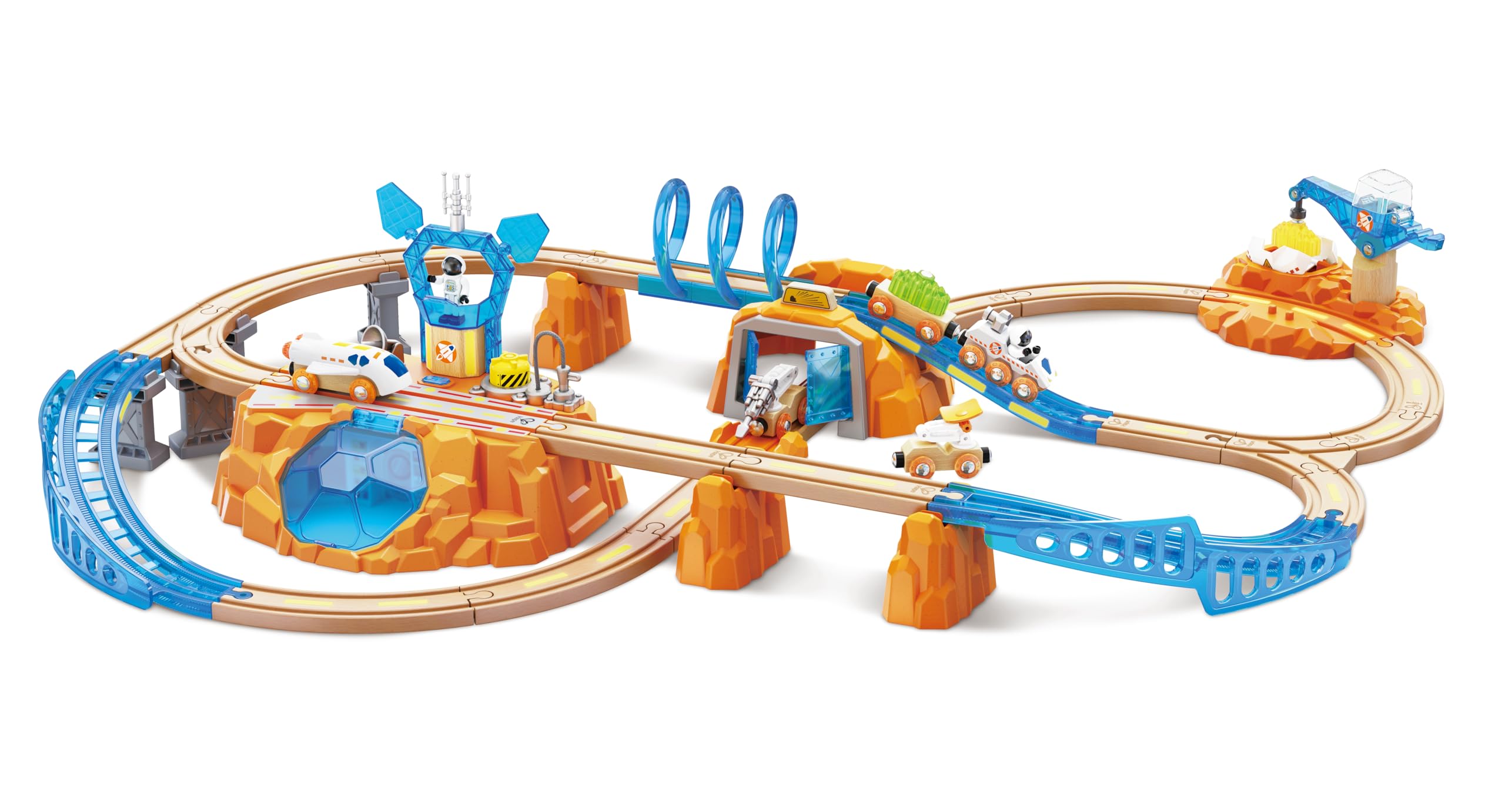 Hape Set di treni - Esplorazione di Marte, set ferroviario in legno, per bambini dai 3 anni in su