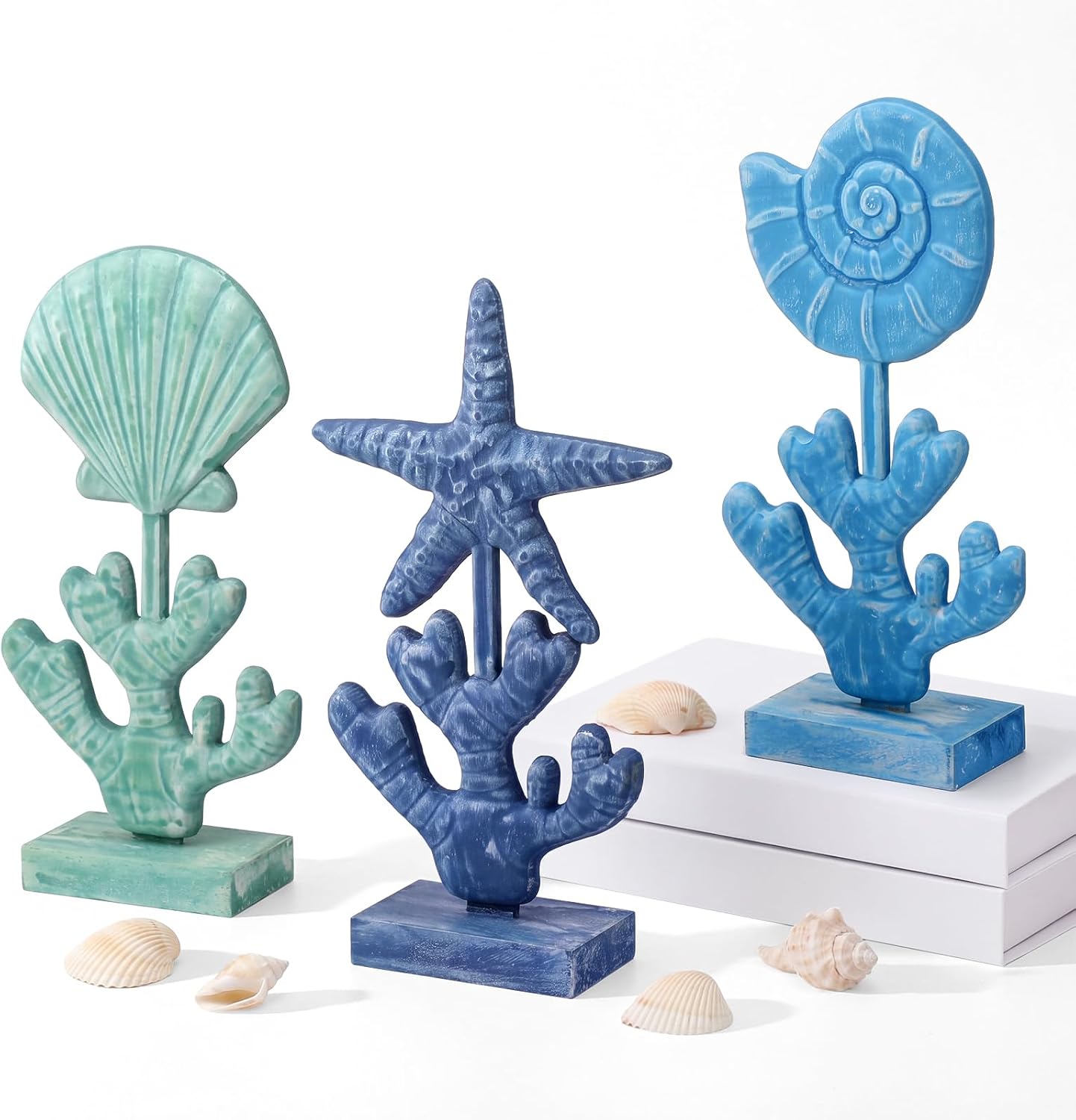 Novabright 3 Pcs Summer Ocean Wood Table Sign 3D Starfish Conch Scallop Summer Coastal Standing Nautical Centerpiece for Home Kitchen Living Room (Scallop, Starfish, Conch)