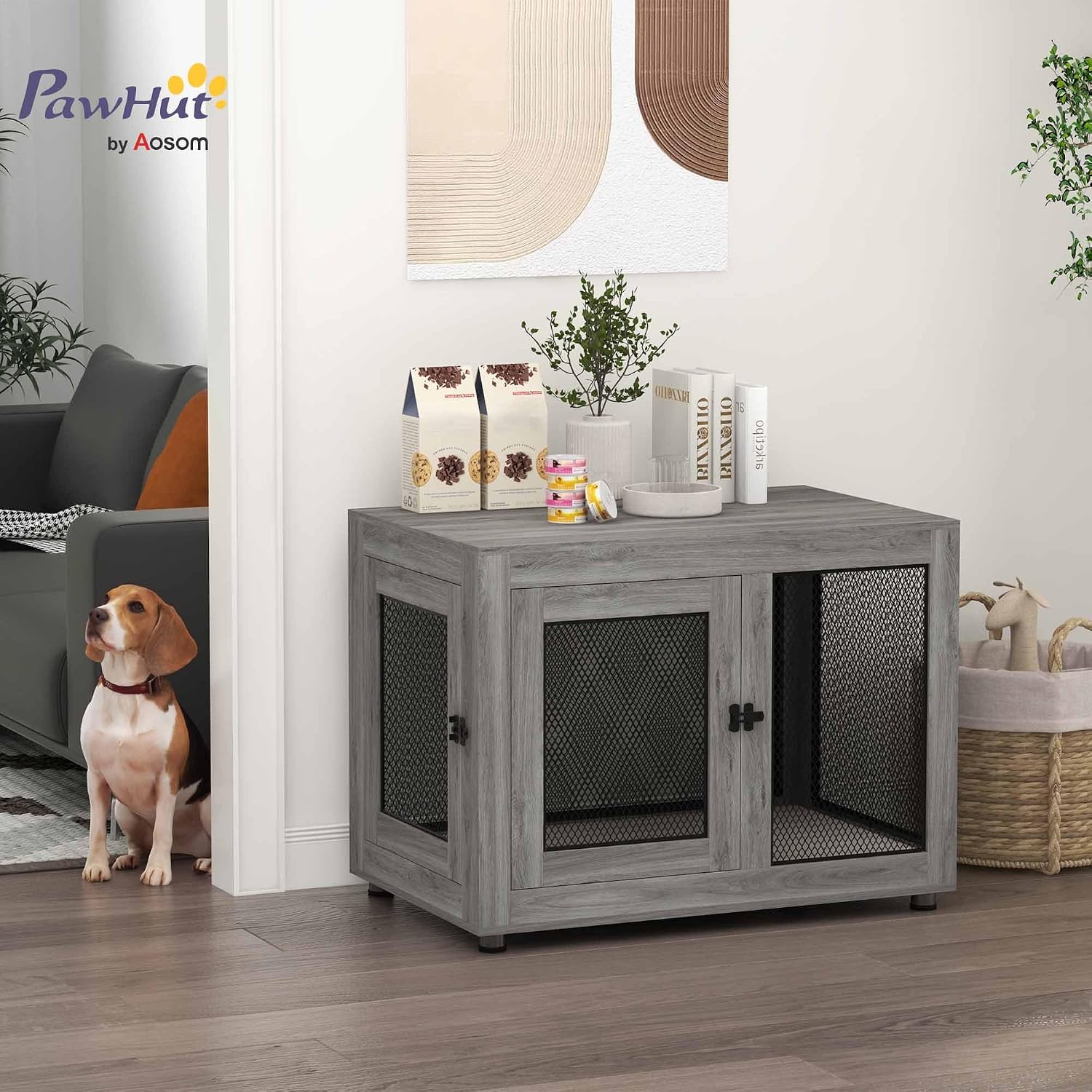 PawHut Cage for Large Dogs Furniture Style Dog House 94 x 60 x 71.5 cm Side Table with 2 Latch Doors Oxford Fabric Cushion and Grey Steel Grates