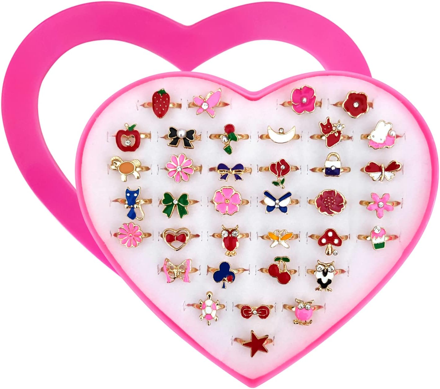 36 PCS Little Girl Jewelry Adjustable Rings with HeartShaped Box