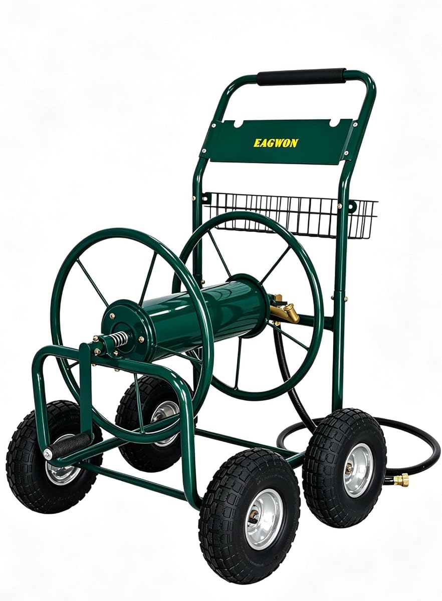 Upgrade Hose Reel Cart, 4-Wheel Heavy Duty Steel Garden Hose Cart, Holds Up to 300 ft 5/8'' Hose, with Hose Guide & Storage Basket, Portable Water Reel for Yard, Lawn & Outdoor Use