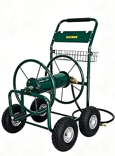 Upgrade Hose Reel Cart, 4-Wheel Heavy Duty Steel Garden Hose Cart, Holds Up to 300 ft 5/8'' Hose, with Hose Guide & Storage Basket, Portable Water Reel for Yard, Lawn & Outdoor Use
