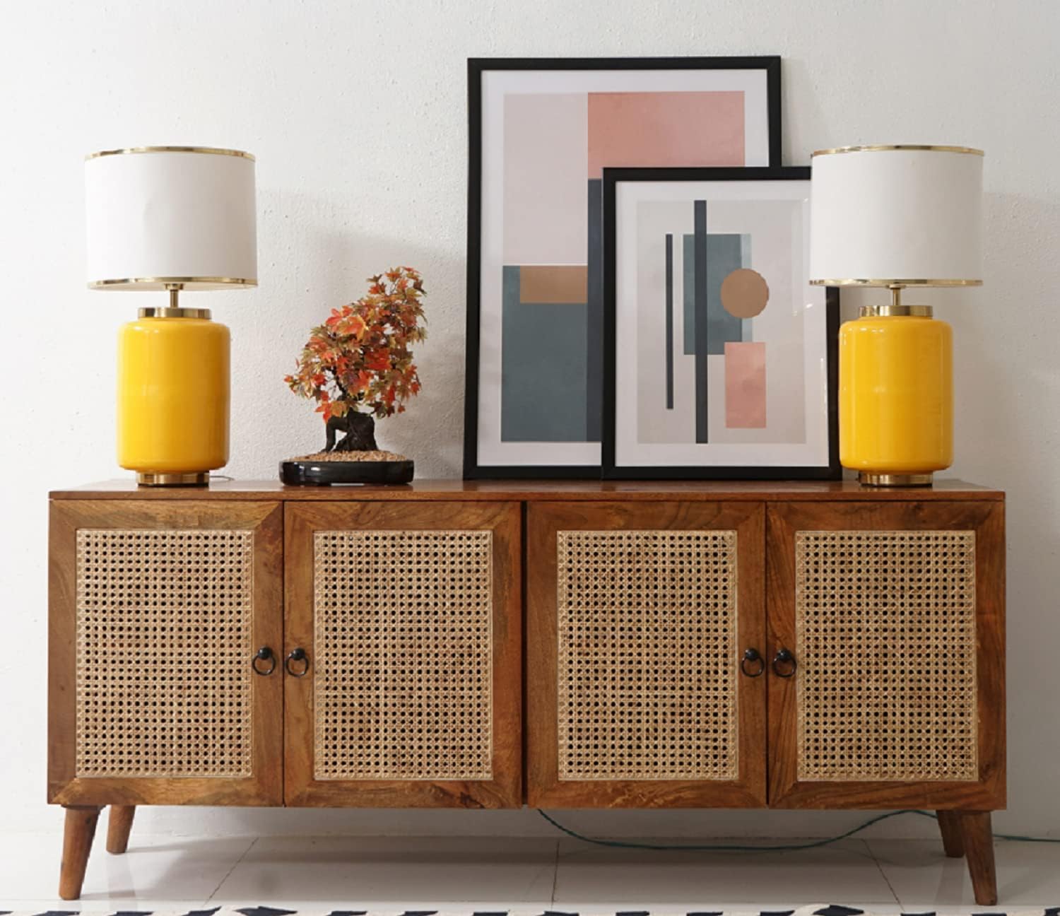 ONIJA Solid Wood Wooden Sideboard Cabinet for Living Room, Drawing Room, Office & Lounge | Material: Sheesham Solid Wood, Cane | Storage Type: 4 Doors | Finish: Natural Finish