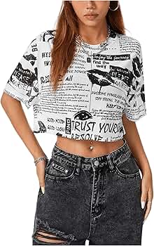 トップス UND SPACE NEWSPAPER PRINT TOP WDIRARA Women's Newspaper Print Sheer Mesh Crop Tops Drop