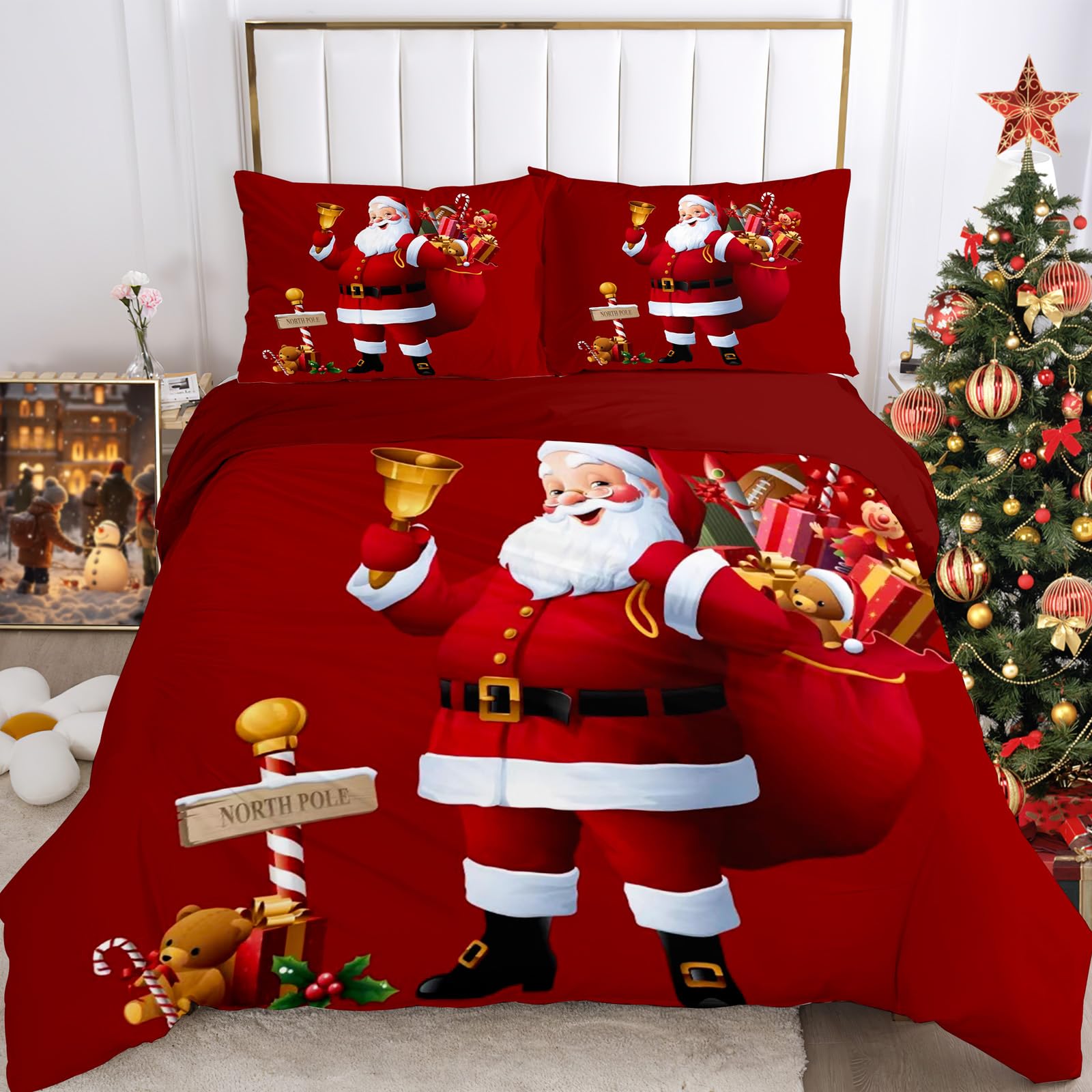 Copripiumino Natalizio 220x240cm Con 2 Federe - Motivo 3D Babbo Natale E Cervi - Set Biancheria Letto Microfibra - Regalo Perfetto Per Bambini E Adulti - Foto 7
