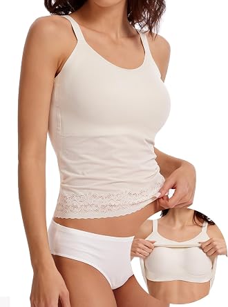 Lace Top with Built in Bras - Adjustable Wide Strap Top Lace Trim Cami U-Neck Sleeveless Summer Tank Tops Layering