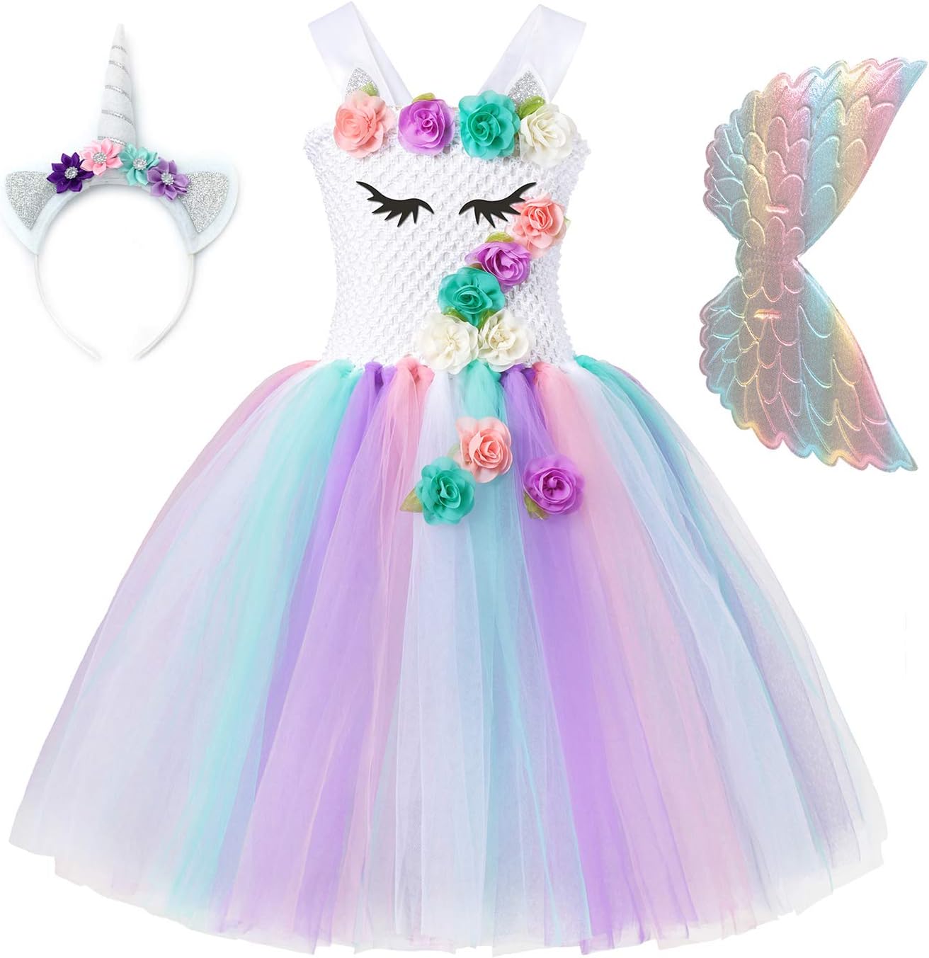 DOCHEER Little Girls Unicorn Princess Dress Flower Tutu Birthday Halloween Costumes for Girls with Headband and Wings