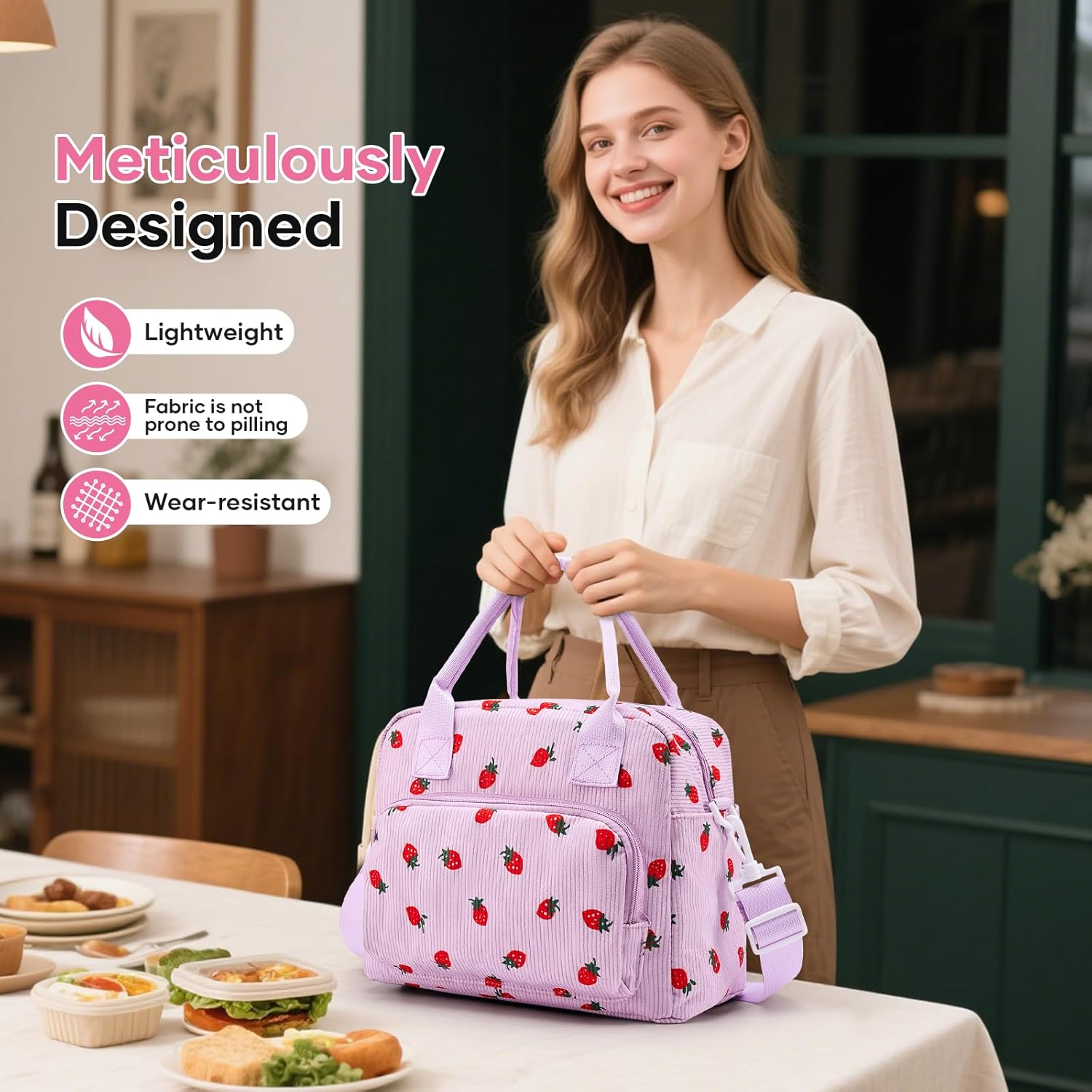 Cute Lunch Bag for Women, Corduroy Insulated Lunch Box for Work Lunch Tote Bag Women, Reusable Insulated Cooler Strawberry Lunch Box for Travel - Image 3