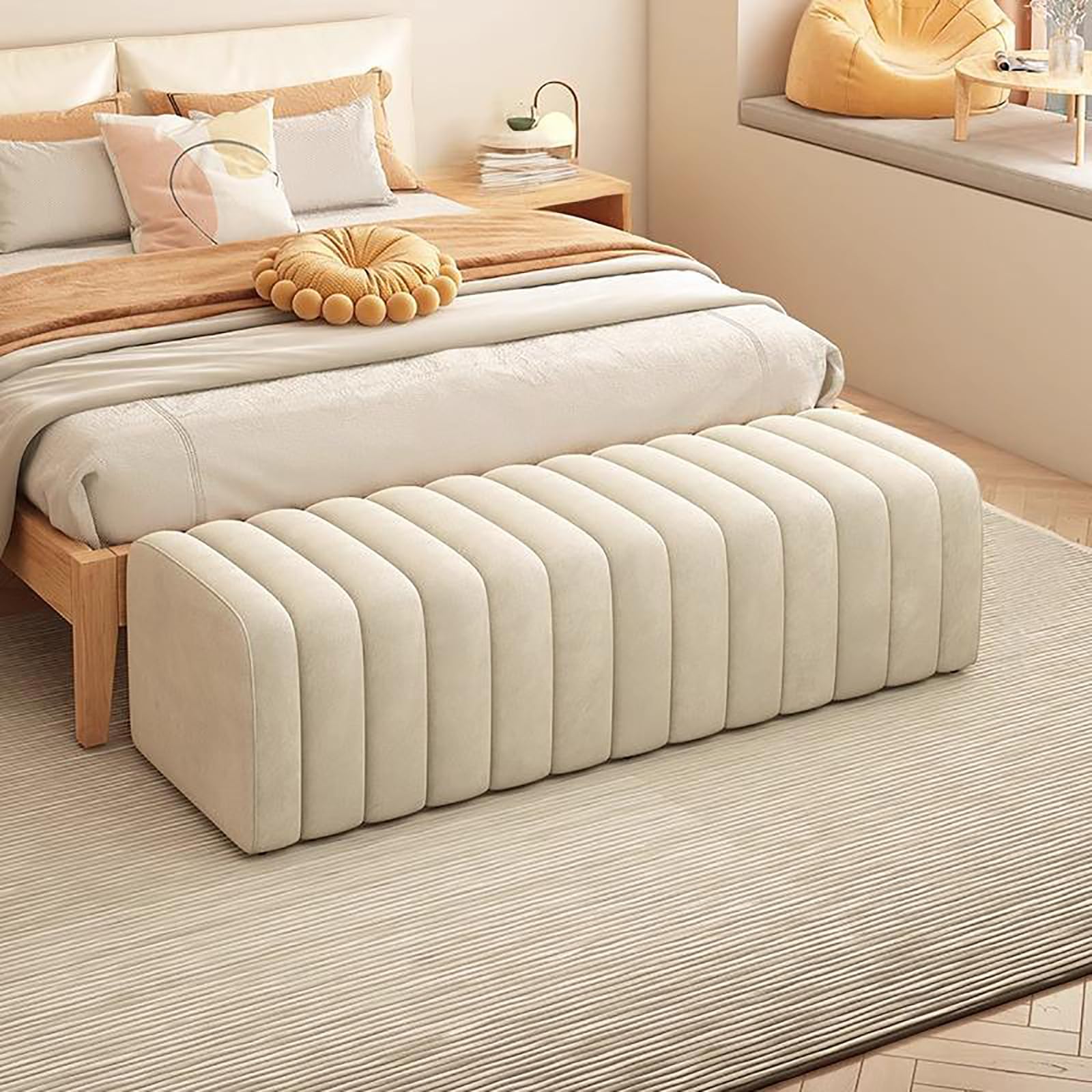 MSHGSKU Velvet Storage Bench Entryway Shoe Rack Toast Solid Wood Ottoman Soft Footrest for Bedroom Living Room Hallway Dressing Area 100x40x40cm Beige