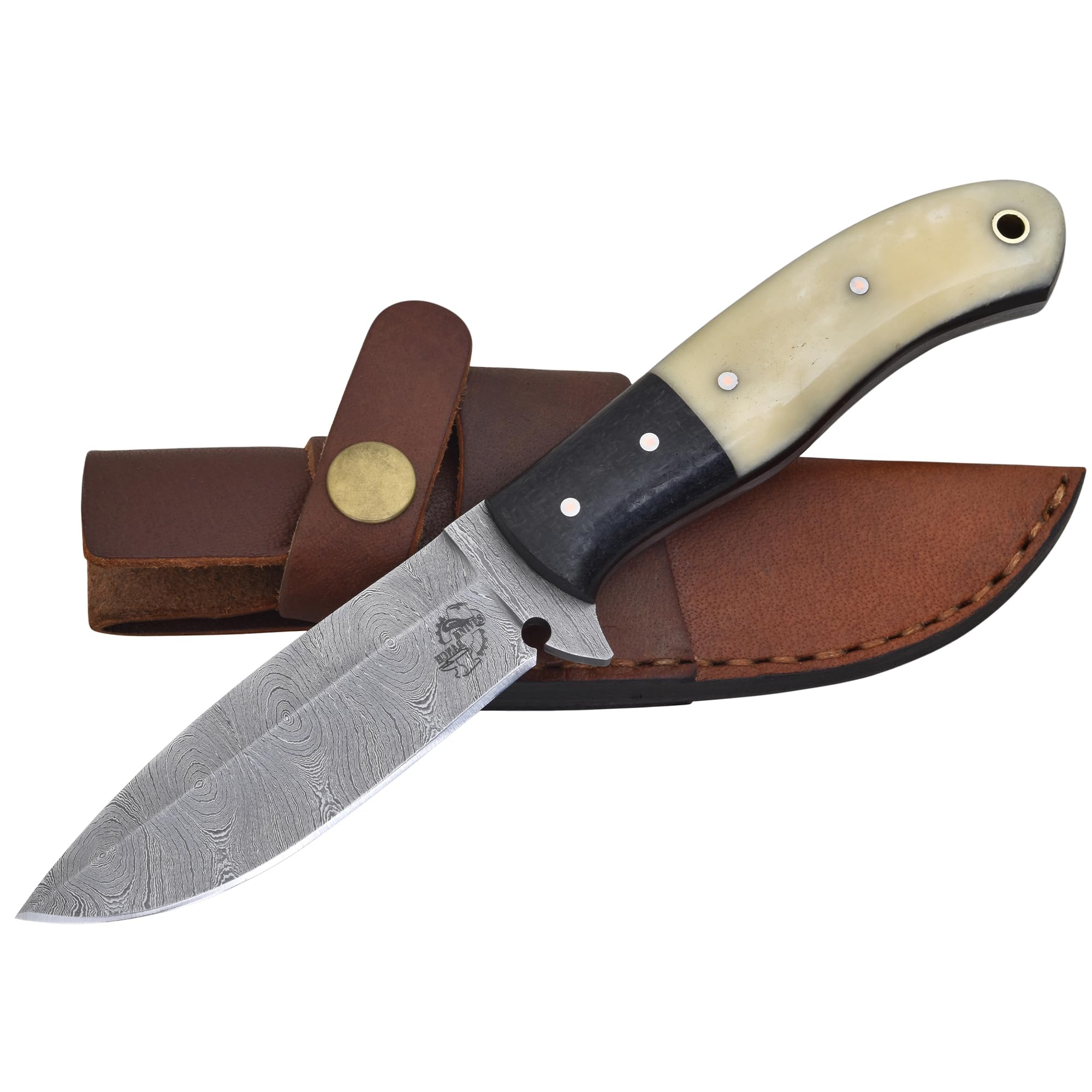 Knives Ranch Hunting Knife – 8.5" Full Tang Blade – Bone & Micarta Handle – 240 Layer Carbon Steel Damascus – Horizontal Sheath – EDC | Camping | Bushcraft | Skinning (3117)