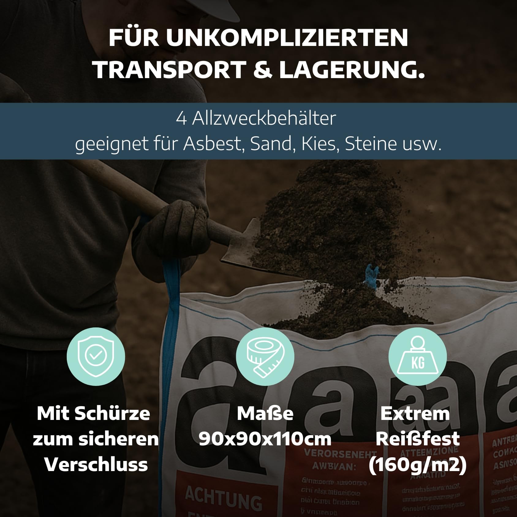 Big Bag 90x90x110 cm mit Beschichtetem Asbest-Sack, 4 Stück für Asbestplatten, geschlossener Boden, Schürze SWL 1000 kg