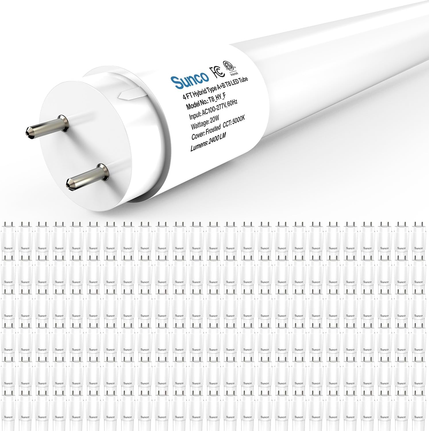 Sunco 150 Pack T8 LED Bulbs 4 Foot, 48 Inch Tube Light Bulbs Fluorescent Replacement, Single or Double Ended Hybrid Type A+B, 2400 LM, 20W, 5000K Daylight, Frosted Lens ETL