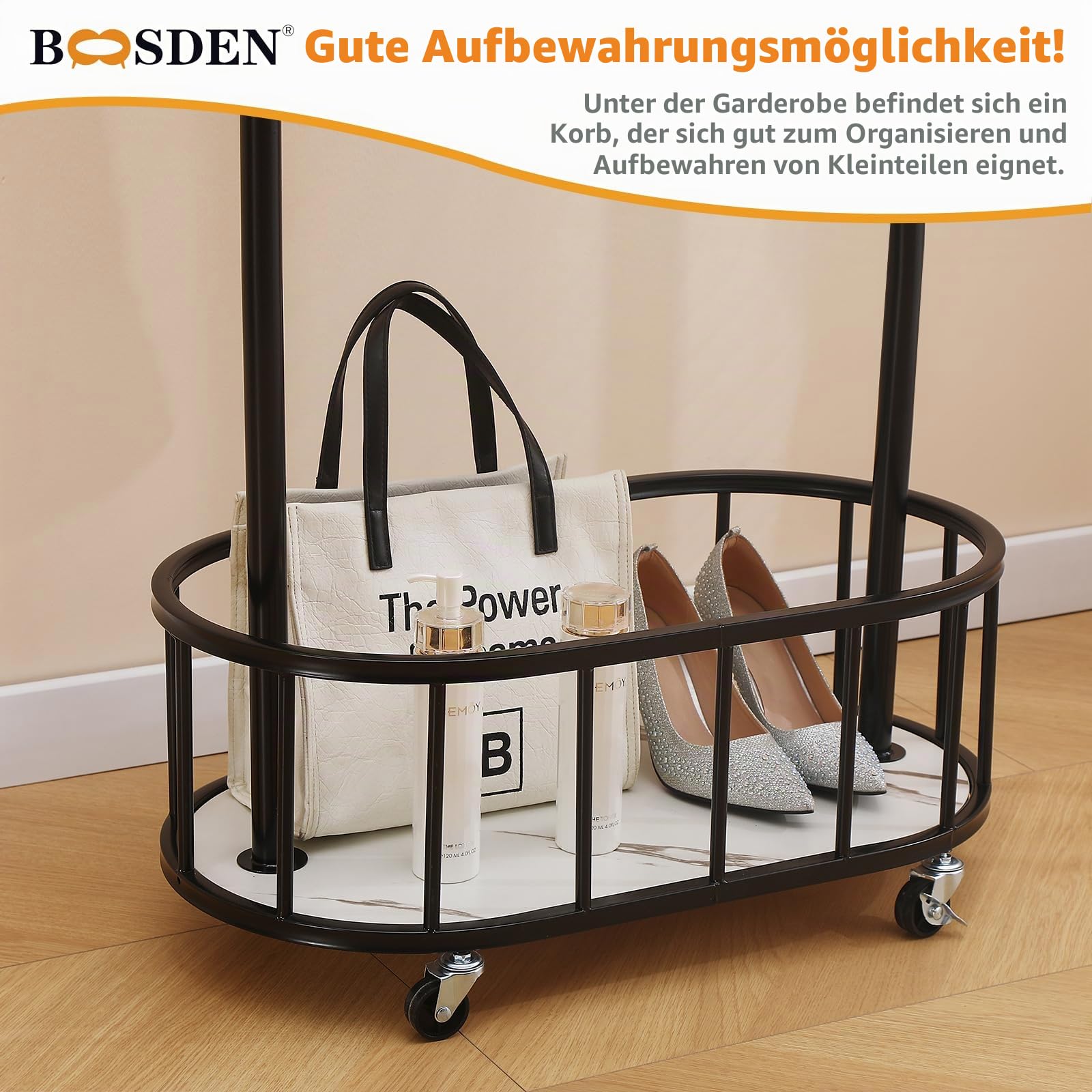BOOSDEN Kleiderständer Metall, Kleiderständer Schwarz, 61 x 33.3 x 172cm | Kleiderstange auf Rollen, Fahrbarer Kleiderständer mit Ablage und 4 Haken, ür Mäntel, Hemden, Kleider, Schuhe und Taschen