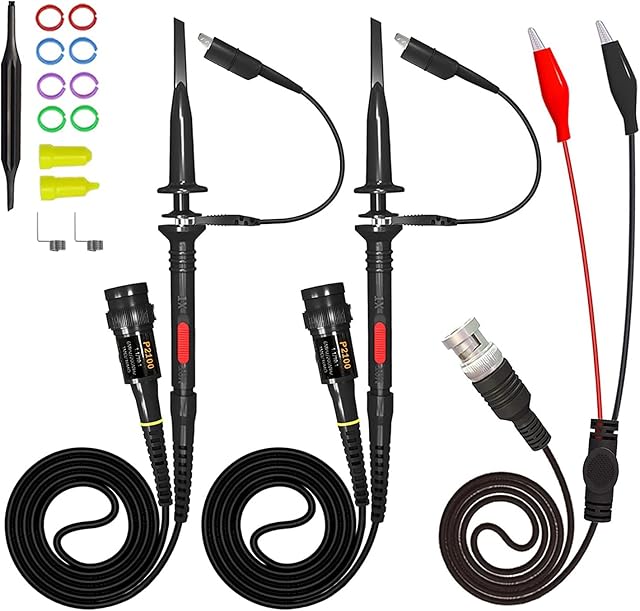AUTOUTLET 100MHz Oscilloscope Probes P2100 X1 X10 with BNC Plug to Alligator Clips Test Leads Kit, Test Hook Clips and Safety Fully Insulated BNC End Probe with Accessory Kit Black Set
