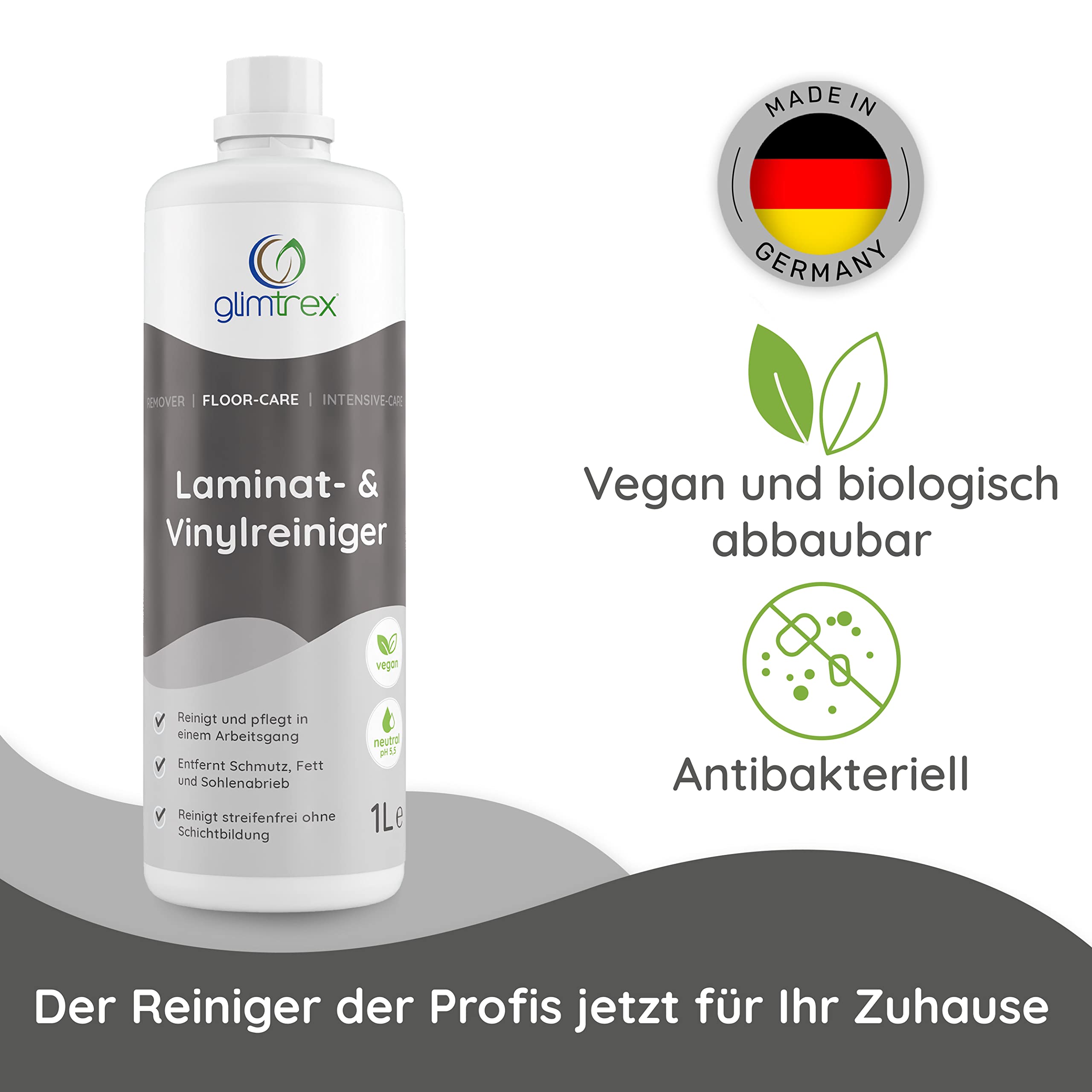 Laminatreiniger und Vinylboden Reiniger (5,0l) - reinigt und pflegt mit 2-in-1 Funktion - der Reiniger der Profis auch anwendbar als PVC Reiniger, PU Reiniger und Linoleum Reiniger
