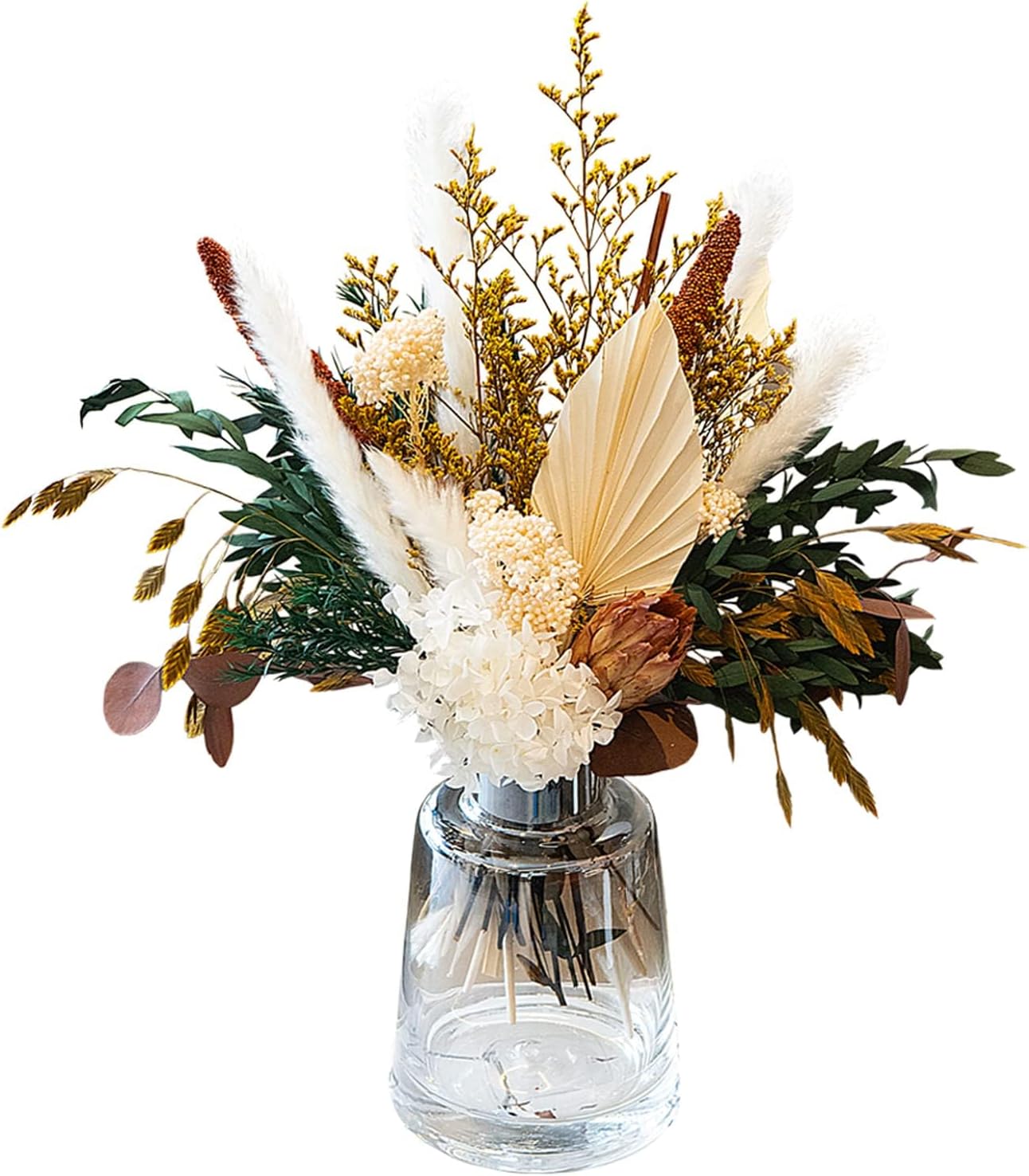 Natural Dried Flower Bouquet Mix - Protea Repens, Hydrangea, Eucalyptus, Palm, Millet, Limonium, Pampas Grass for Home & Wedding Decor