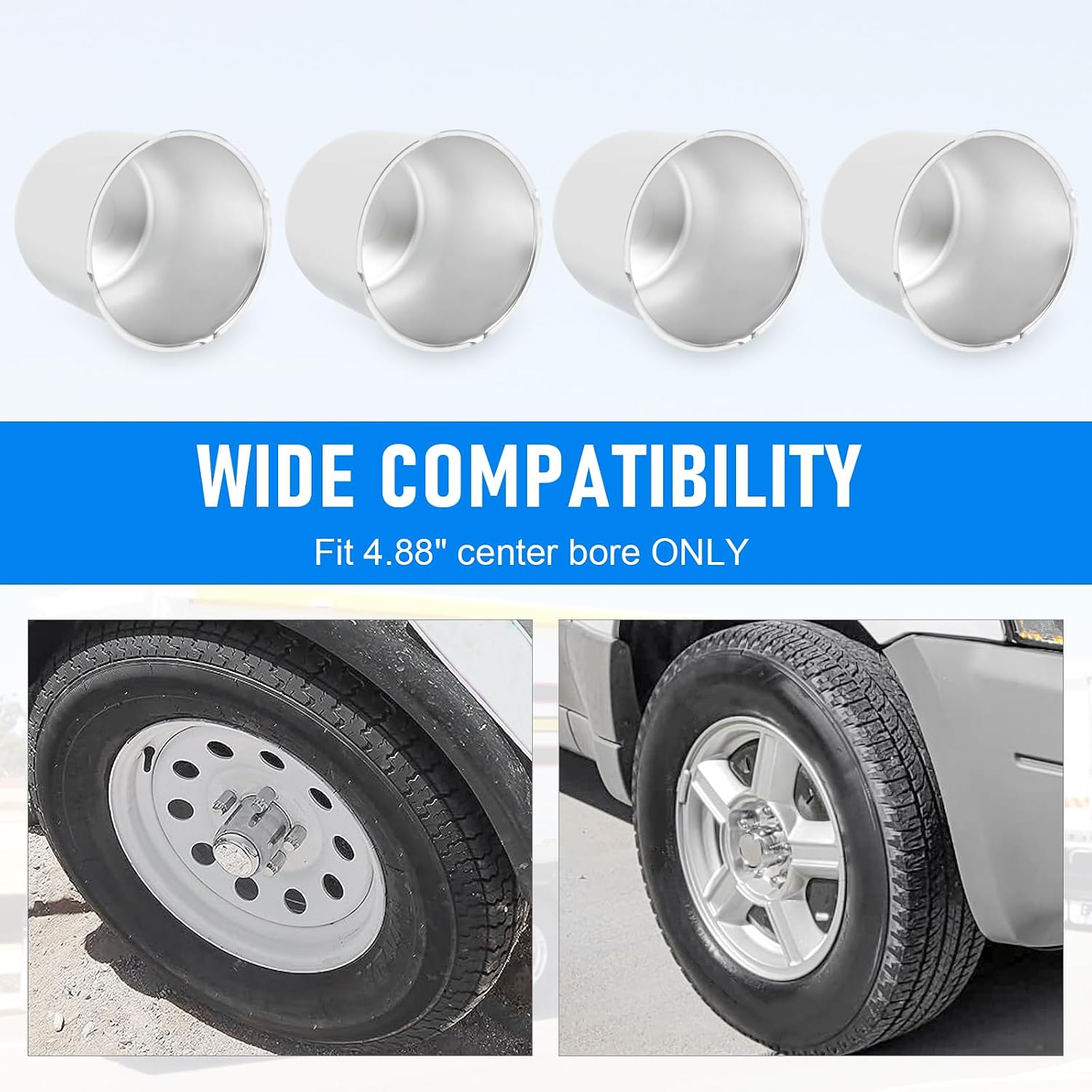 4PCS 4.88inch Trailer Wheel Center Caps Fit 4.88" Center Bore for Truck SUV RV Wheels Rims Trailer Carbon Steel Push Through Hub Covers Chrome Silver