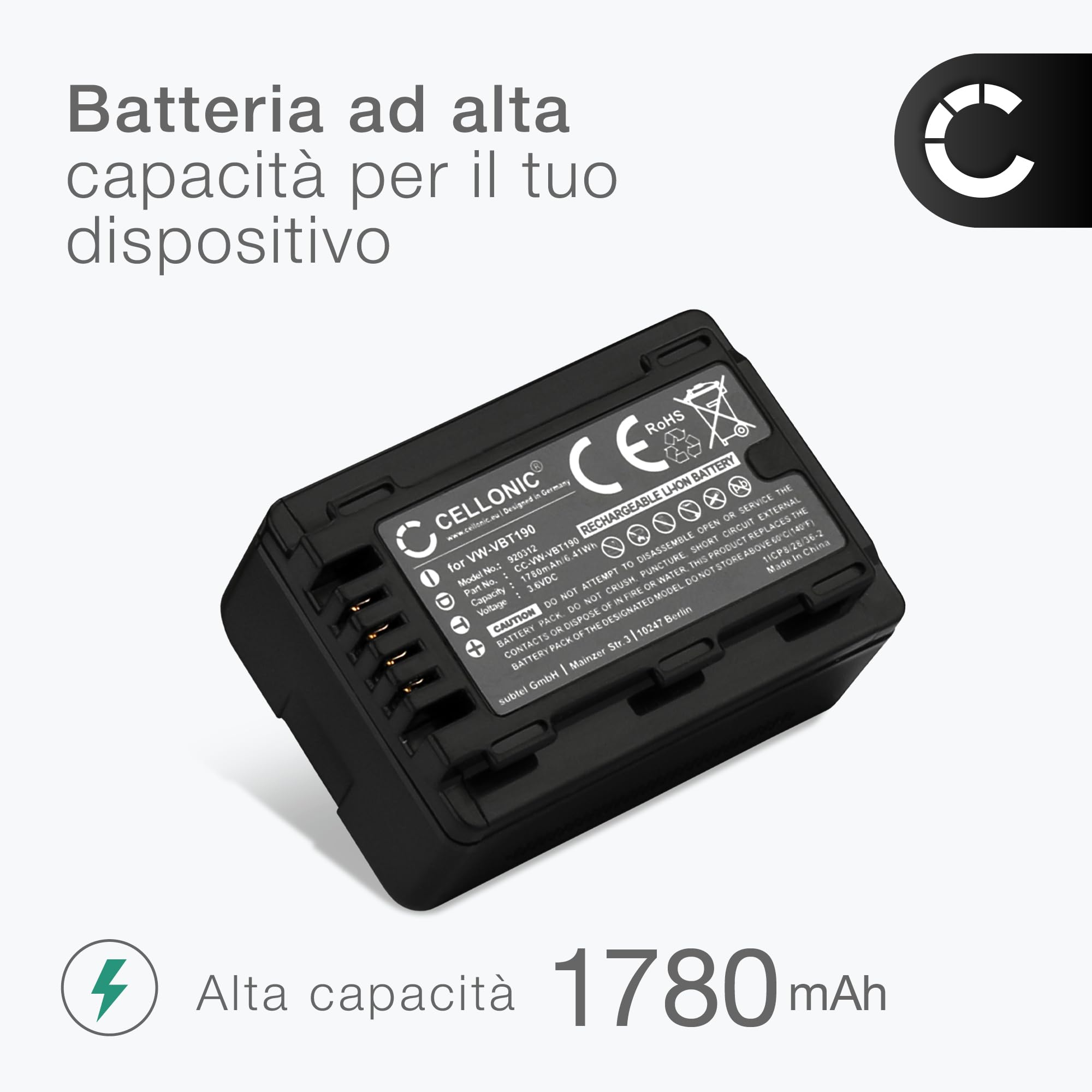 CELLONIC 1x Batteria per Fotocamera Compatibile con Panasonic HC-V180, HC-V777, HC-V380, VW-VBT190 – (1780mAh, 3.6V)