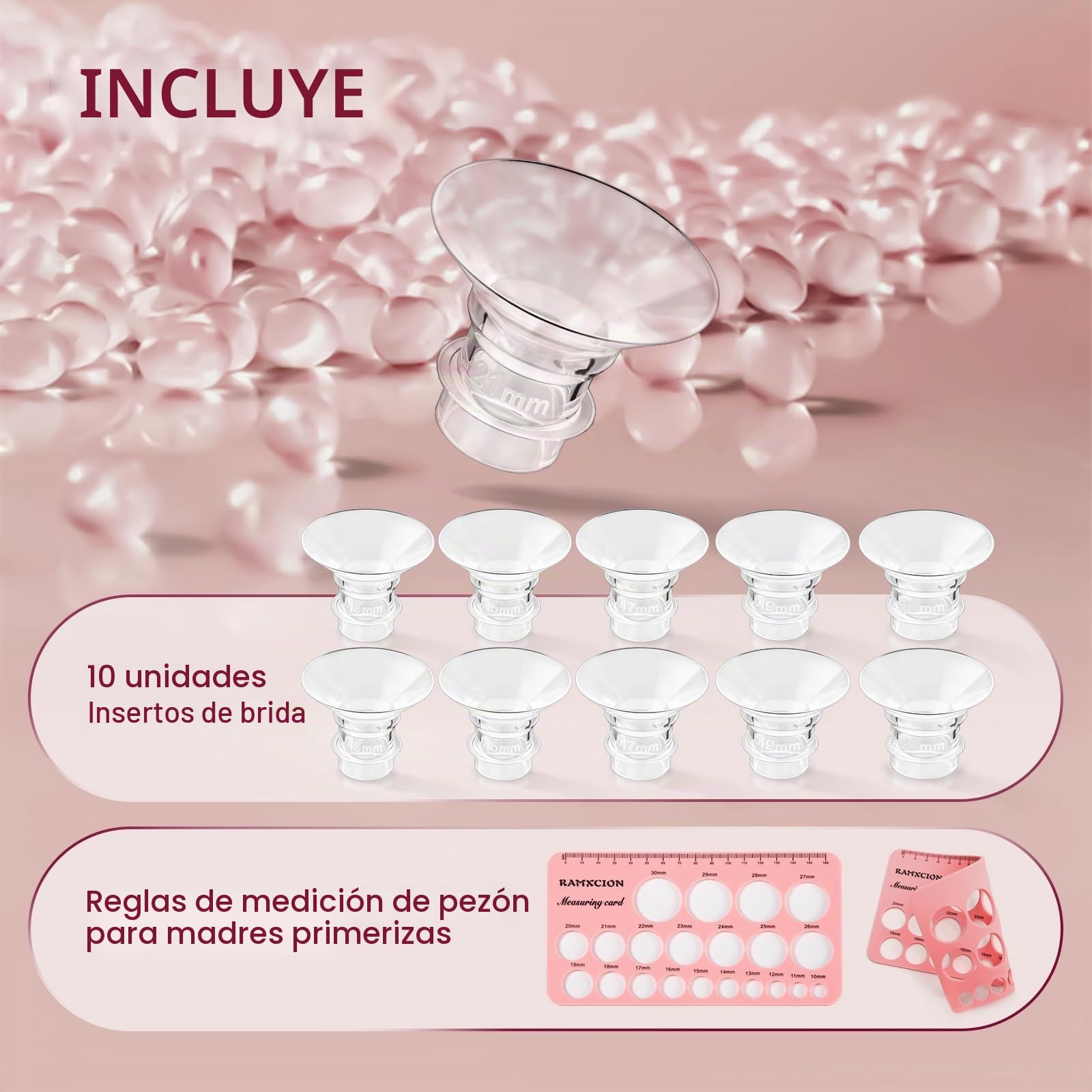 10 insertos de brida 13/15/17/19/21 mm, accesorios de lactancia materna compatibles con la mayoría de bombas de leche eléctricas y manuales, con cepillo de limpieza y tarjeta de medición para pezones