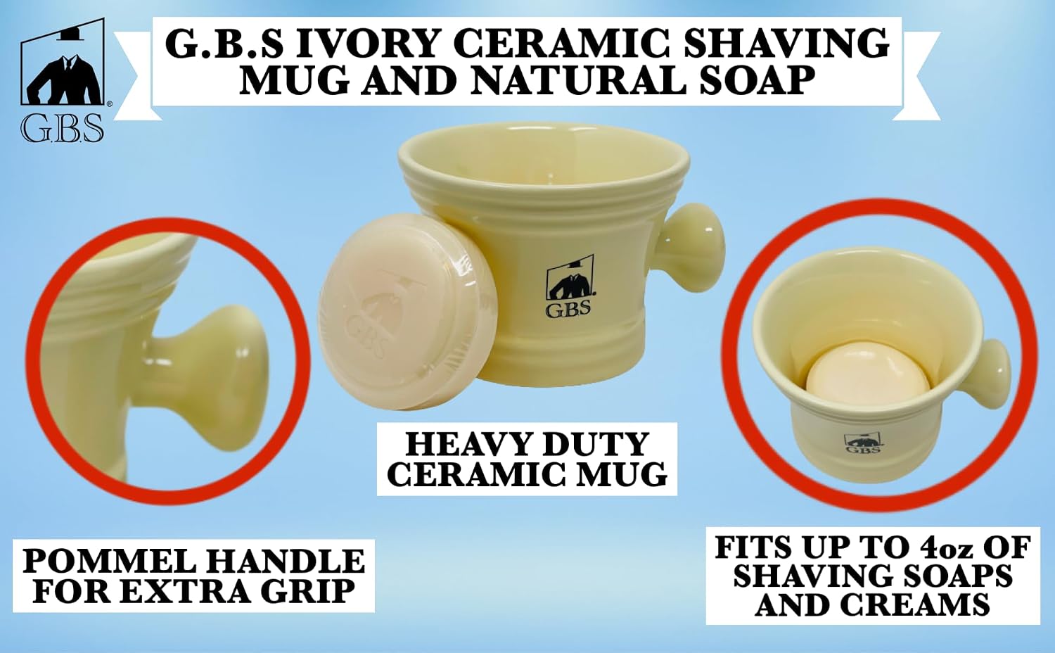 G.B.S Men's Deluxe Grooming Ivory Set- 5 Blade Razor with Travel Case, Synthetic Bristle Brush and Stand, 4.5in Diameter Ceramic Mug, Mesh Toiletry Travel Bag ahd Natural Glycerin Shave Soap
