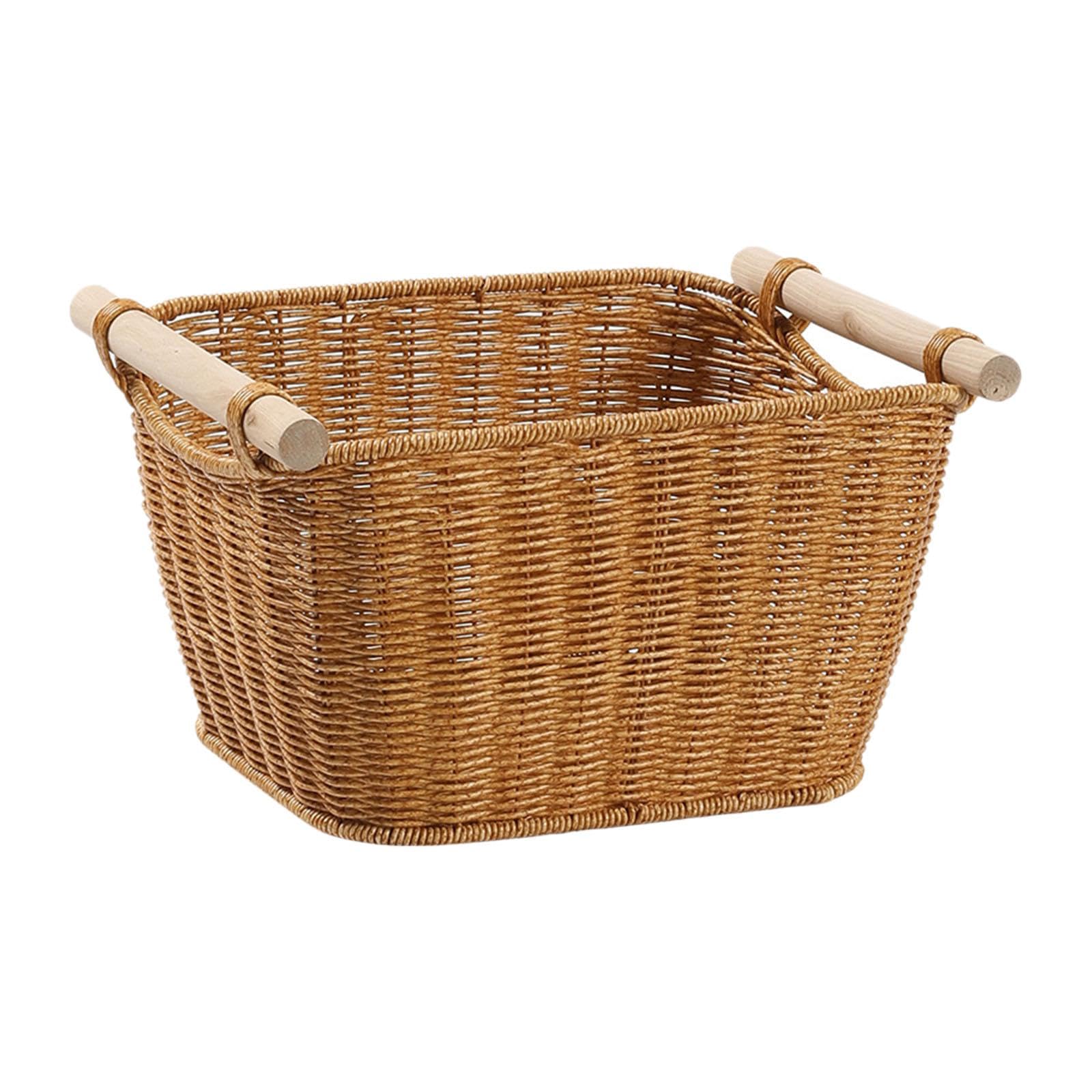 Cesta de Almacenamiento con Diseño Vintage Tejida a Mano Organizador Multiusos con Asas Bandeja de Imitación Ratán Fuerte y Madera Apta para