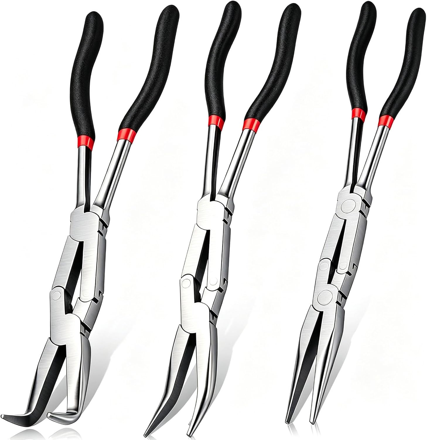 13 Inch 3-PC Needle Nose Pliers Set: Multi-Angle Access with Straight, 45°, and 90° Tips for Precision Work in Confined Areas