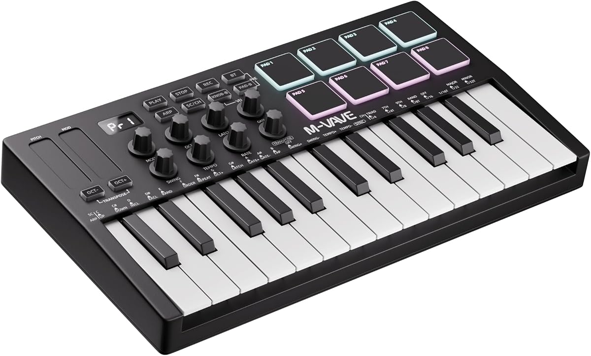 Midi Keyboard Controller 25 Key Portable Mini Bluetooth & USB Midi Piano with 8 Backlit Drum Pad, 8 Knobs and Music Production Software for Computer Recording, Music Production