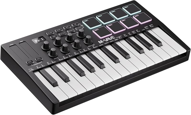 Midi Keyboard Controller 25 Key Portable Mini Bluetooth & USB Midi Piano with 8 Backlit Drum Pad, 8 Knobs and Music Production Software for Computer Recording, Music Production