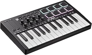 DaierTek Midi Keyboard Controller 25 Key Portable Mini Bluetooth & USB Midi Piano with 8 Backlit Drum Pad, 8 Knobs and Music Production Software for Computer Recording, Music Production