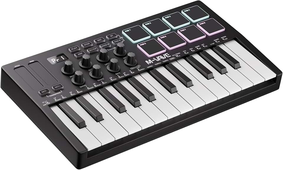DaierTek Midi Keyboard Controller 25 Key Portable Mini Bluetooth &amp; USB Midi Piano with 8 Backlit Drum Pad, 8 Knobs and Music Production Software for Computer Recording, Music Production