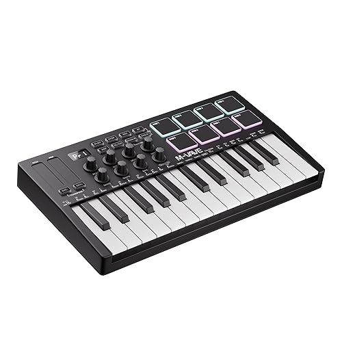 DaierTek Midi Keyboard Controller 25 Key Portable Mini Bluetooth & USB Midi Piano with 8 Backlit Drum Pad, 8 Knobs and Music Production Software for Computer Recording, Music Production