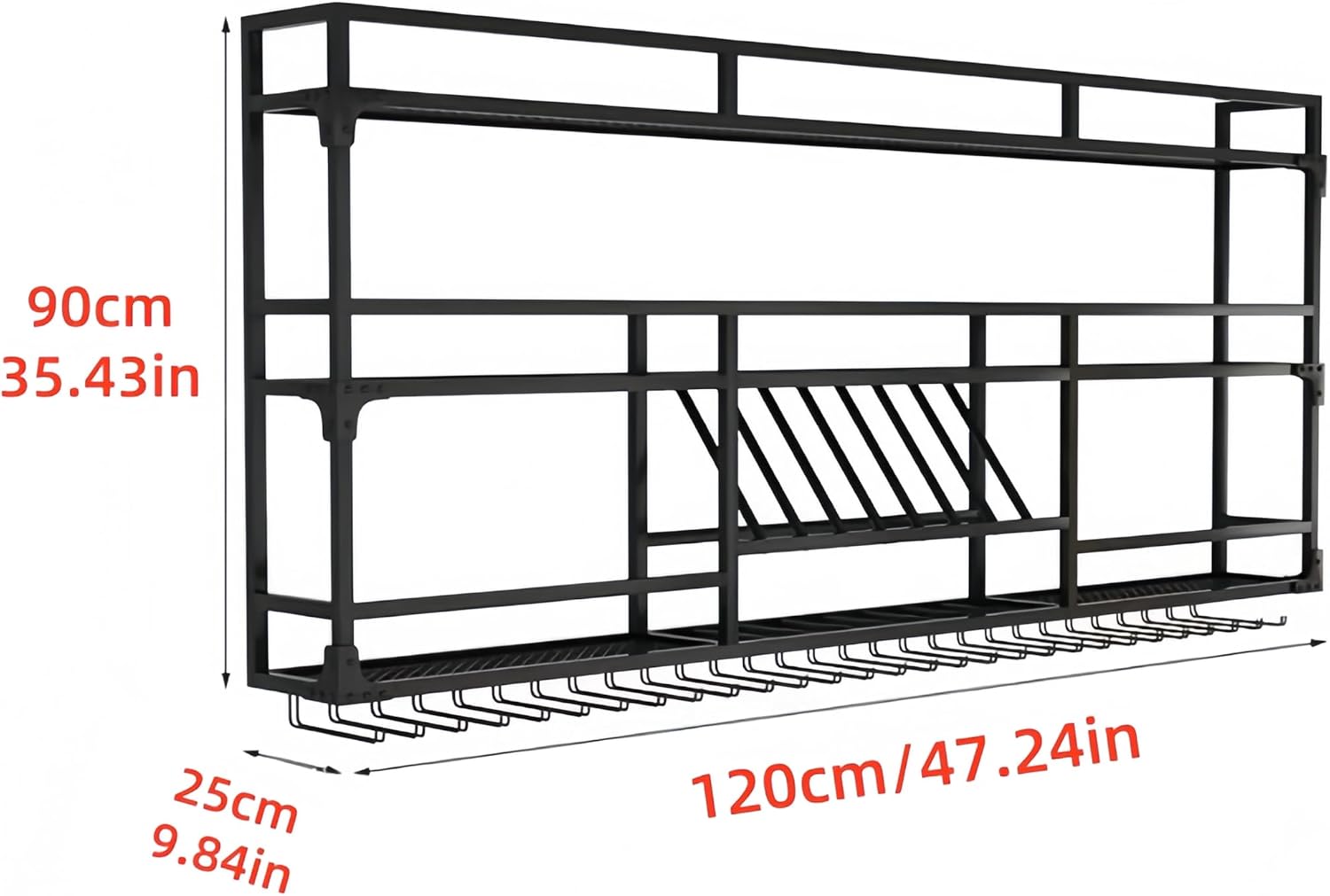 47Inch Metal Wall-Mounted Wine Rack with LED Light, 3 Tier Wine Storage Display Rack with Glass Holder, Space-Saving Bottle and Cup Display Shelf for Home Bars, Dining Rooms, Black