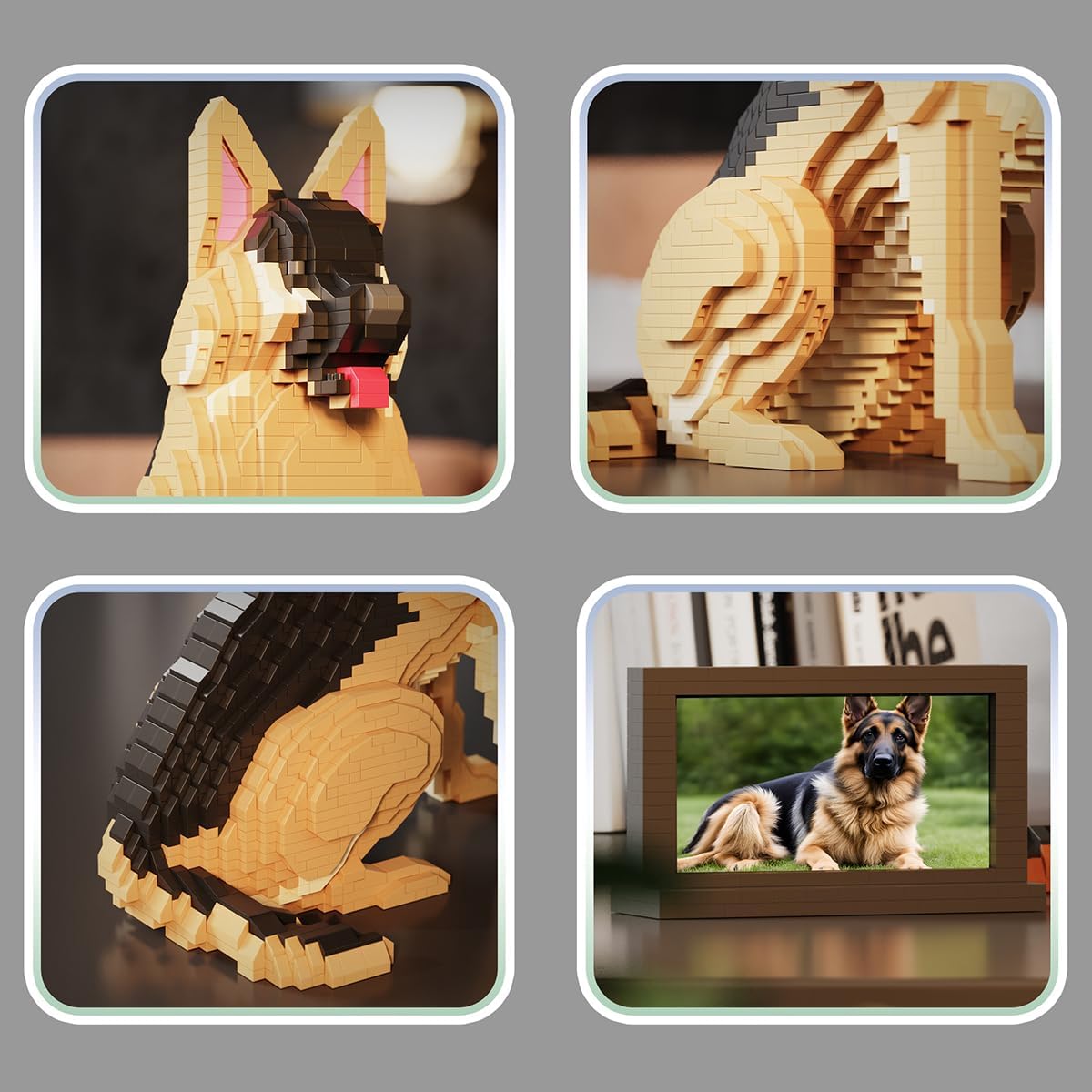 Close-up details of the German Shepherd micro building block model